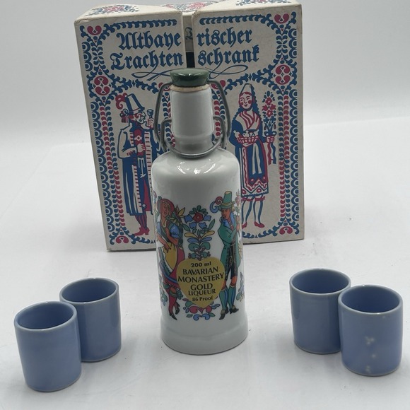 VTG Bavarian Monastery Gold liqueur Empty Decanter Orig Box‎ 4 Cups West Germany - Picture 1 of 14